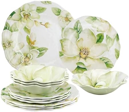 UP 12 Piece Magnolia Melamine Dinnerware Sets, Outdoor Dishes Set, Plates and Bowls Sets, Service for 4, Green by UPware