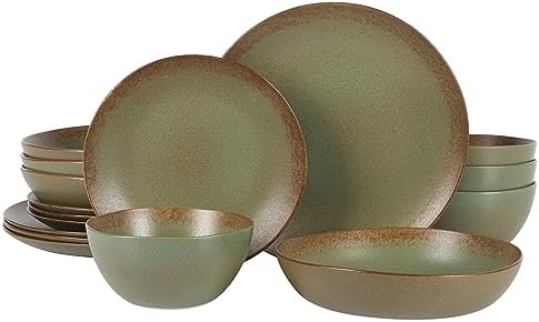 Bloomhouse - Two Time Oprah's Favorite Things Winner - Palermo Sun Double Bowl Stoneware Reactive Glaze Plates and Bowls Dinnerware Set - Cardamom Green, Service for Four (16pcs) by Unknown