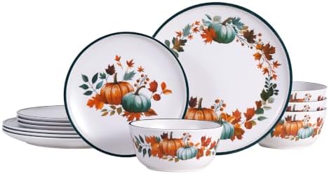 12-Piece Melamine Dinnerware Set for 4, Fall Pumpkin Plates and Bowls by molidiki