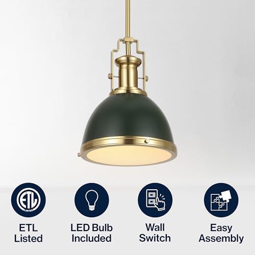 JONATHAN Y Homer Industrial Dome Pendant 10", Kombu Green/Brass Gold - Image 5