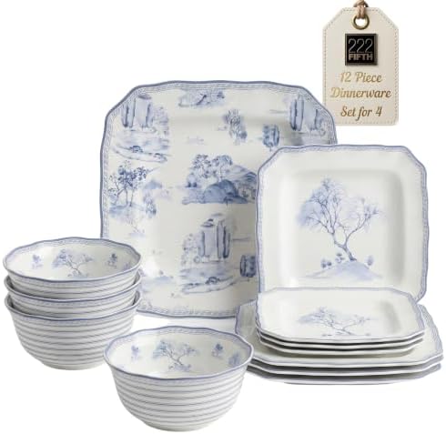 222 Fifth 12-Piece Porcelain Dinnerware Set for 4, Glossy White Plates and Bowls Set with Blue Decal, Elegant Square Ceramic Dish Set, Kitchen Tableware, Microwave & Dishwasher Safe, Scenic Toile by 222Fifth