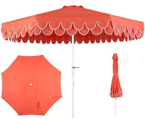 JONATHAN Y Tracy 9' Scalloped Market Patio Umbrella, Coral Red/White by JONATHANY