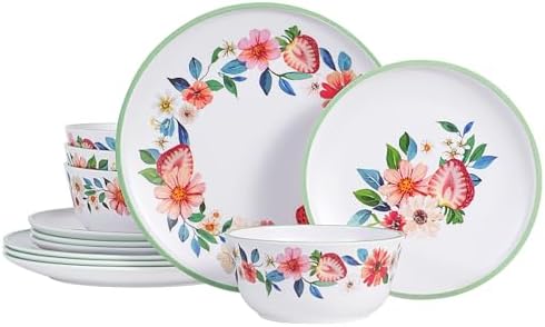 12-Piece Strawberry Melamine Dinnerware Set for 4, Floral Pattern by molidiki