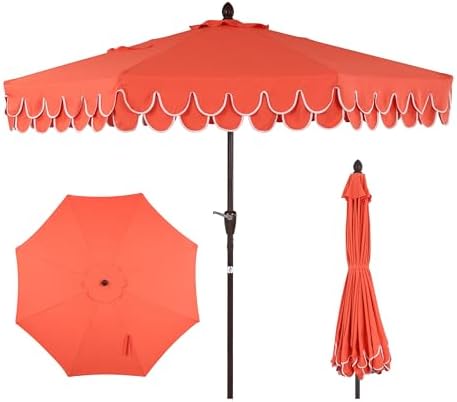 JONATHAN Y Tracy 9' Scalloped Market Patio Umbrella, Coral Red/Dark Brown by JONATHANY