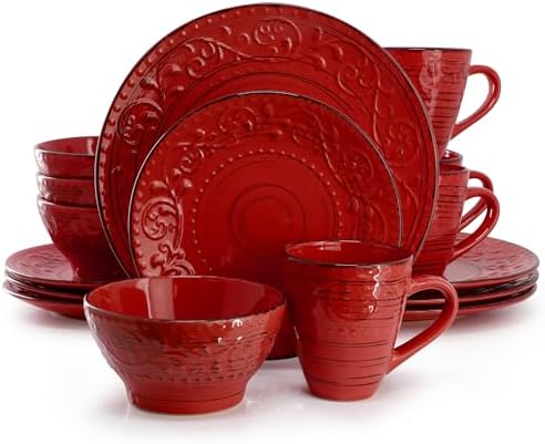 Elama Malibu Ocean Bloom 16-Piece Stoneware Embossed Pattern Reactive Glaze Red Dinnerware Set, Tableware, Serveware Set (Ocean Bloom Red) by Elama