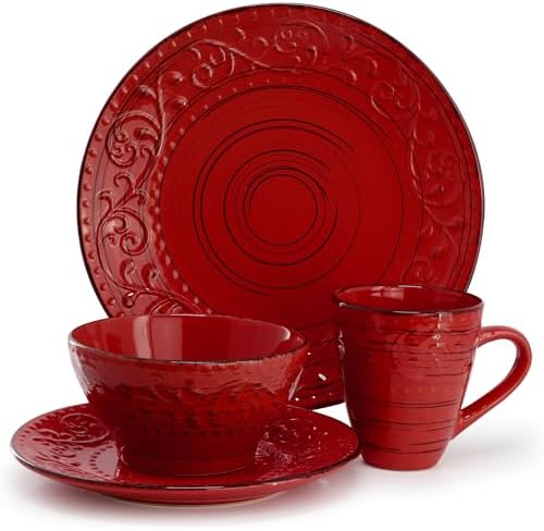 Elama Malibu Ocean Bloom 16-Piece Stoneware Embossed Pattern Reactive Glaze Red Dinnerware Set, Tableware, Serveware Set (Ocean Bloom Red) - Image 2