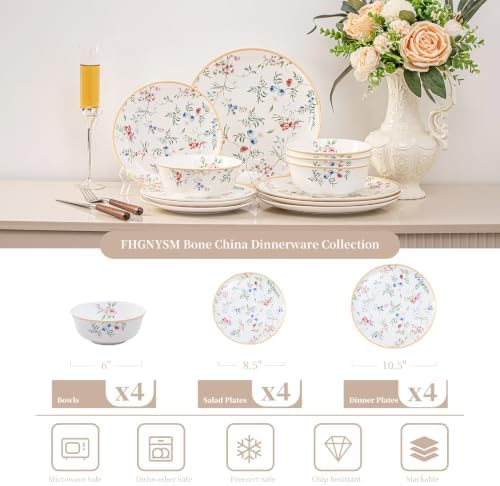 Floral Dinnerware Set for 4, 12-Piece Porcelain Plates and Bowls, Gold Rim - Image 3