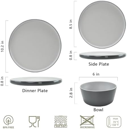 Melamine Dinnerware Sets, Dishware Sets for 4, Light Grey,White - Image 6