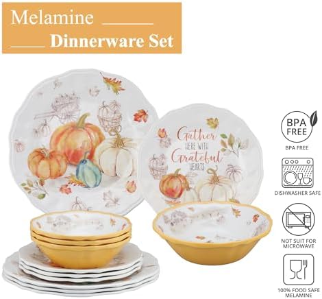 UP 12 Piece Pumpkin Season Melamine Dinnerware Sets, Outdoor Dishes Set, Plates and Bowls Sets, Autumn Thanksgiving Decorations, Service for 4, Orange - Image 6