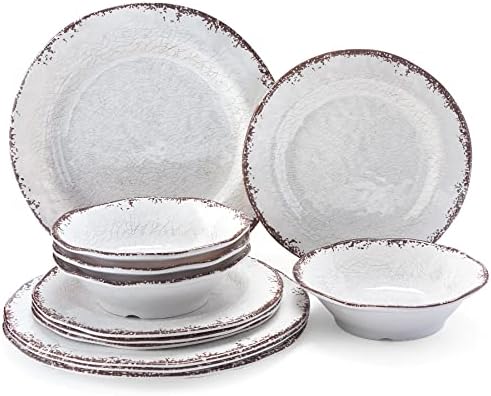 LEHAHA Vintage White Melamine Dinnerware set, 12 Piece Lightweight Dish Set by LEHAHA