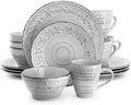 Elama Malibu Calcite 16-Piece Stoneware Embossed Pattern Reactive Glaze Light Gray Dinnerware Set, Tableware, Serveware Set (Calcite Gray) by Elama