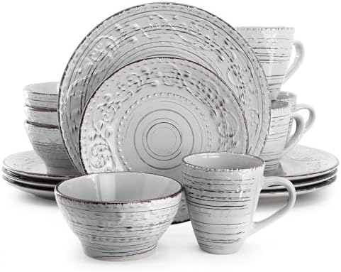 Elama Malibu Calcite 16-Piece Stoneware Embossed Pattern Reactive Glaze Light Gray Dinnerware Set, Tableware, Serveware Set (Calcite Gray) by Elama