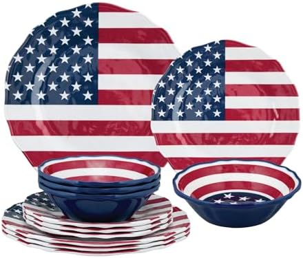 UPware 12 Piece American Flag Melamine Dinnerware Sets, Outdoor Dishes Set, Plates and Bowls Sets, Fourth of July Decorations, Service for 4, Patriotic Color by UPware
