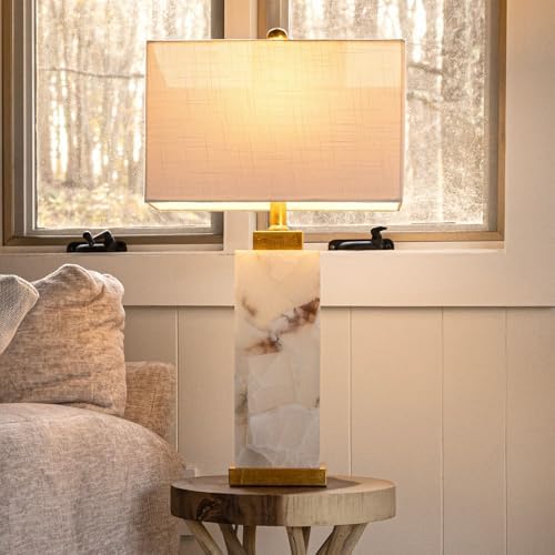 JONATHAN Y Elizabeth Alabaster Nightlight Lamp 27.5", White/Gold Painting - Image 2