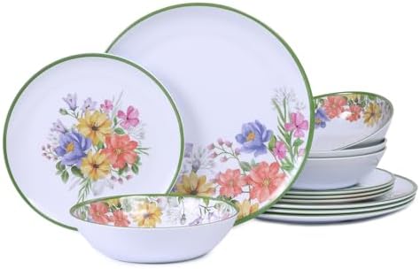 12-Piece Floral Melamine Dinnerware Sets, Green Camping Dishes Set by LECHOO