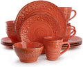 Elama Malibu Jasper 16-Piece Stoneware Embossed Pattern Reactive Glaze Orange Dinnerware Set, Tableware, Serveware Set (Jasper Orange) by Elama