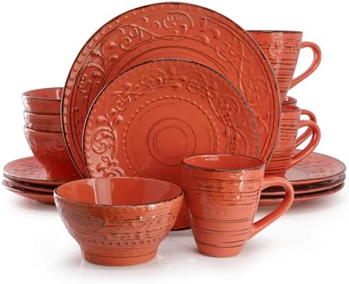 Elama Malibu Jasper 16-Piece Stoneware Embossed Pattern Reactive Glaze Orange Dinnerware Set, Tableware, Serveware Set (Jasper Orange) by Elama