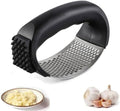 Garlic Press Rocker Stainless Steel Ginger Crusher, Garlic Mincer and Squeezer Kitchen Gadget with Ergonomic handle, Silicone Tube Garlic Peeler, Scraper and Cleaning Brush Tool Set(Black)