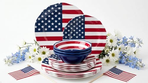 UPware 12 Piece American Flag Melamine Dinnerware Sets, Outdoor Dishes Set, Plates and Bowls Sets, Fourth of July Decorations, Service for 4, Patriotic Color - Image 3