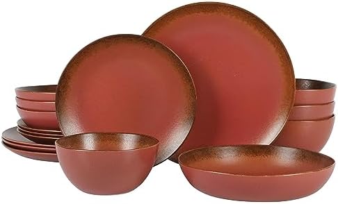 Bloomhouse - Two Time Oprah's Favorite Things Winner - Palermo Sun Double Bowl Stoneware Reactive Glaze Plates and Bowls Dinnerware Set - Paprika Red, Service for Four (16pcs) by Unknown