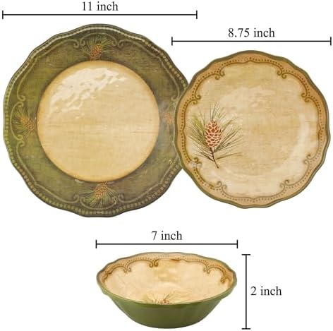 UP 12 Piece Woodland Pinecone Melamine Dinnerware Sets, Outdoor Dishes Set, Plates and Bowls Sets, Service for 4, Dark Green - Image 4