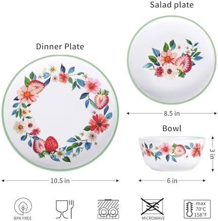 12-Piece Strawberry Melamine Dinnerware Set for 4, Floral Pattern - Image 2