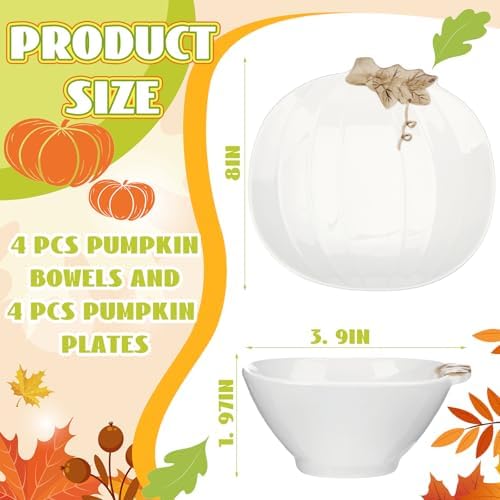 Maxcheck 8 Pcs Pumpkin Ceramic Bowl & Plate Fall Dinnerware Set, White - Image 2