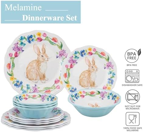 UPware 12 Piece Floral Bunny Melamine Dinnerware Sets, Outdoor Dishes Set, Plates and Bowls Sets, Easter Decorations, Service for 4, Multicolor - Image 4