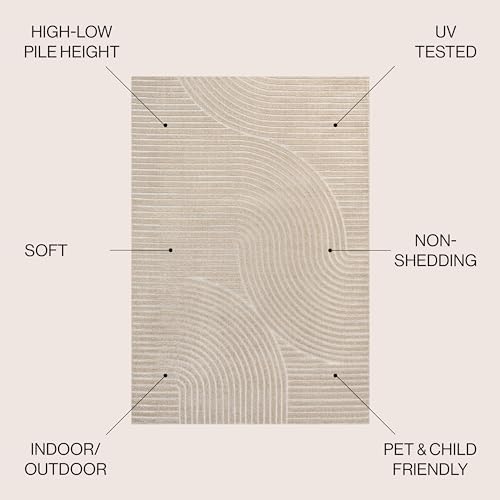 JONATHAN Y Hallie High-Low Curve Beige/Cream 4x6 Indoor/Outdoor Area Rug, Minimalist Geometric, Pet Friendly, for Patio, Backyard, Living Room, Bedroom, Office, Hose-Washable (SCN100D-4) - Image 2