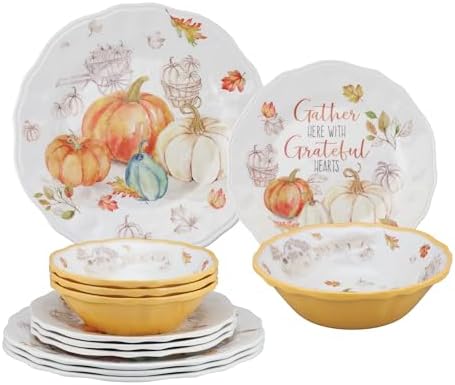 UP 12 Piece Pumpkin Season Melamine Dinnerware Sets, Outdoor Dishes Set, Plates and Bowls Sets, Autumn Thanksgiving Decorations, Service for 4, Orange by UPware