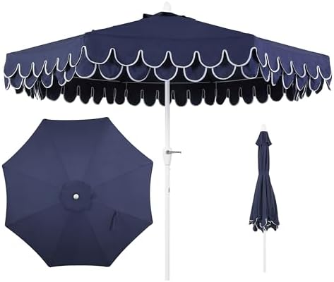 JONATHAN Y Tracy 9' Scalloped Market Patio Umbrella, Navy/White by JONATHANY