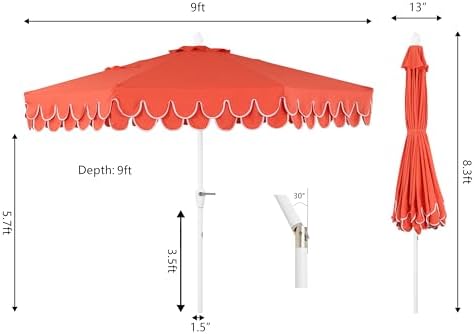 JONATHAN Y Tracy 9' Scalloped Market Patio Umbrella, Coral Red/White - Image 4