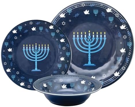 UPware 12 Piece Hanukkah Menorah Melamine Dinnerware Sets, Outdoor Dishes Set, Plates and Bowls Sets, Hanukkah Decorations, Service for 4, Indigo Blue - Image 6