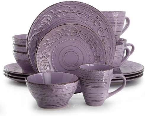 Elama Malibu Mica 16-Piece Stoneware Embossed Pattern Reactive Glaze Purple Dinnerware Set, Tableware, Serveware Set (Mica Purple) by Elama