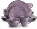 Elama Malibu Mica 16-Piece Stoneware Embossed Pattern Reactive Glaze Purple Dinnerware Set, Tableware, Serveware Set (Mica Purple) by Elama