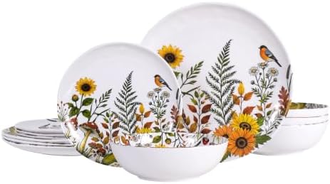 12-Piece Melamine Dinnerware - Sunflower Bird Plates and Bowls Set by LECHOO