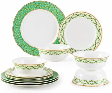 12 Piece Sage Green Plates and Bowls Set for 4, Bone China, Farmhouse by fhgnysm