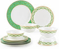12 Piece Sage Green Plates and Bowls Set for 4, Bone China, Farmhouse by fhgnysm