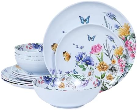 12-Piece Melamine Dinnerware Sets - Plates And Bowls Sets Floral by LECHOO