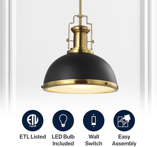 JONATHAN Y Homer Industrial Dome Pendant 13", Black/Brass Gold - Image 3
