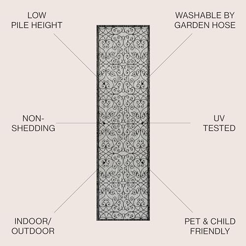 JONATHAN Y Vintage Filigree Indoor Outdoor Runner Rug 2X8 Light Gray/Black, Madrid Textured Weave for Backyard, Patio, Porch, Easy-Cleaning, High Traffic, Pet-Friendly, Non-Shedding (SMB107E-28) - Image 2