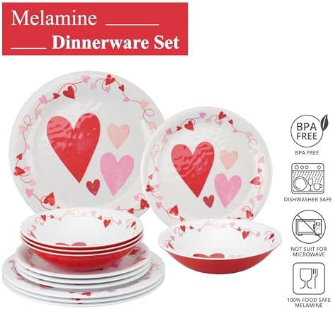 UPware 12 Piece Love Hearts Melamine Dinnerware Sets, Outdoor Dishes Set, Plates and Bowls Sets, Valentine's Day Decorations, Service for 4, Red - Image 3