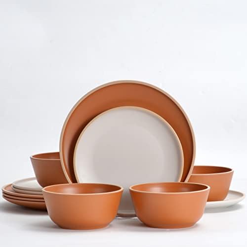 Melamine Dinnerware Sets 12pcs, Plates and Bowls for 4, Unbreakable Dinnerware Sets, Ideal Dinnerware for Party, Unbreakable, BAP free, Dishwasher Safe, Red Color (Terracotta Color) by Gufaith