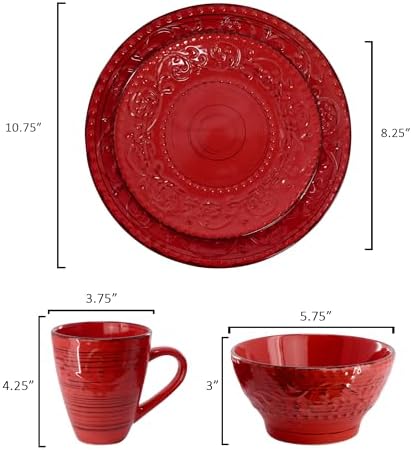 Elama Malibu Ocean Bloom 16-Piece Stoneware Embossed Pattern Reactive Glaze Red Dinnerware Set, Tableware, Serveware Set (Ocean Bloom Red) - Image 7