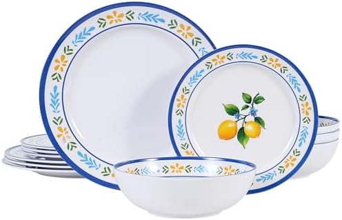 12-Piece Melamine Dinnerware Set, Unbreakable Lemon Dish Set by DoDoware