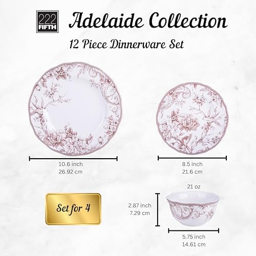 222 Fifth Adelaide Brown on White 12-Piece Dinnerware Set – Service for 4, Big Dinner Plates and Bowls Sets,Durable Porcelain, Microwave and Dishwasher Safe, for Everyday Dining & Entertainment - Image 2