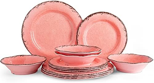 LEHAHA Pink Vintage Melamine Dinnerware Sets, Farmhouse RV Dishes Set for 4 by LEHAHA
