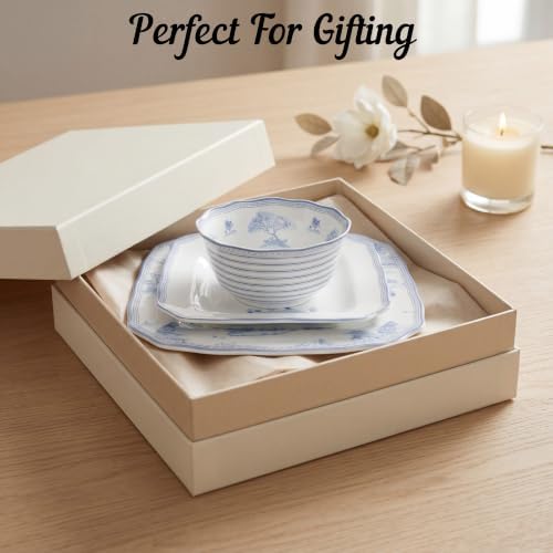 222 Fifth 12-Piece Porcelain Dinnerware Set for 4, Glossy White Plates and Bowls Set with Blue Decal, Elegant Square Ceramic Dish Set, Kitchen Tableware, Microwave & Dishwasher Safe, Scenic Toile - Image 6
