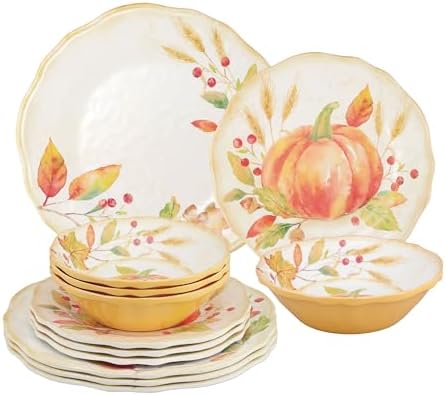 UP 12 Piece Pumpkin Melamine Dinnerware Sets, Outdoor Dishes Set, Plates and Bowls Sets, Autumn Thanksgiving Decorations, Service for 4, Orange by UPware