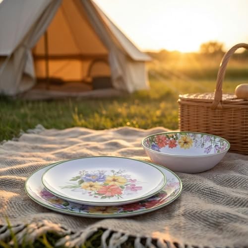 12-Piece Floral Melamine Dinnerware Sets, Green Camping Dishes Set - Image 4